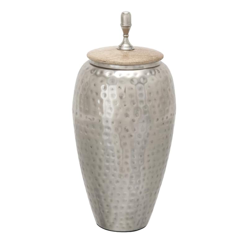 Metal Hammered Living Room Decorative Jars with Wood Lid - Silver - Roche River Decor - Silver - 7"W, 16"H