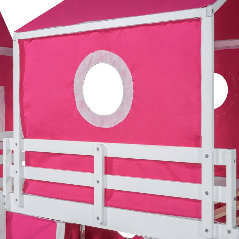 Roomfitters Twin Size Loft Bed with Slide, Pink Tent and Decorative Tower, Imaginative Play Space Frame, Pink