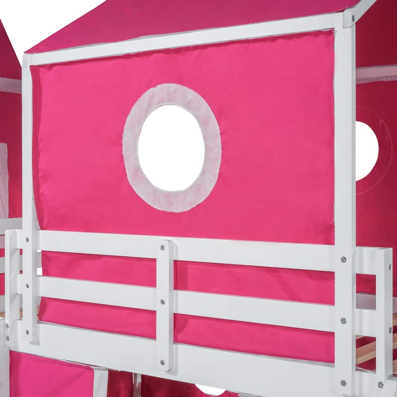 Twin Loft Bed with Slide, Pink Tent and Tower, Ideal for Kids' Bedroom