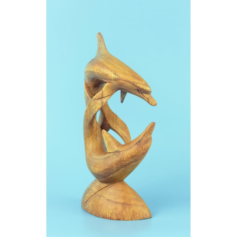 Wooden Hand Carved Dolphins Statue Sculpture Wood Decorative Home Decor Accent Figurine Handcrafted Handmade Seaside Tropical