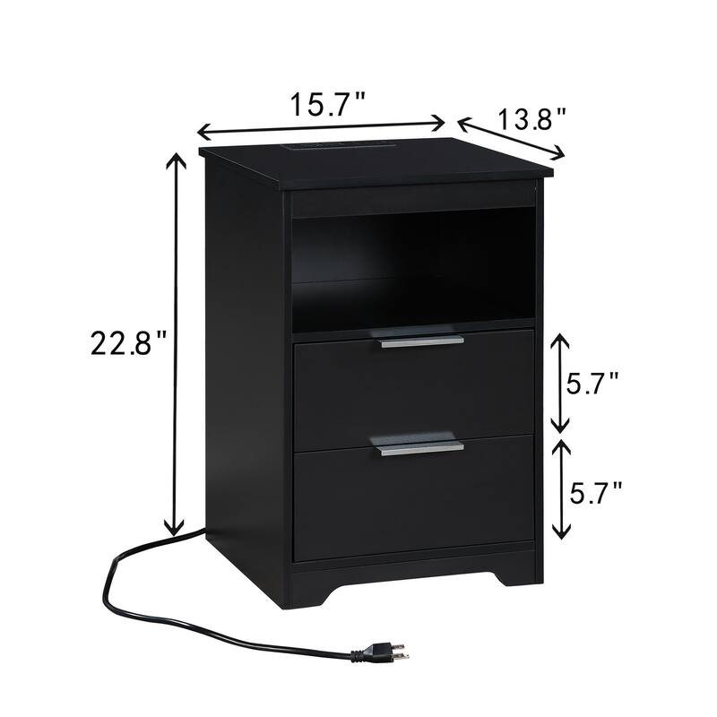 Modern Nightstand with Charging Station, Dual Drawers, and Open Shelf, Black Wooden Side Table