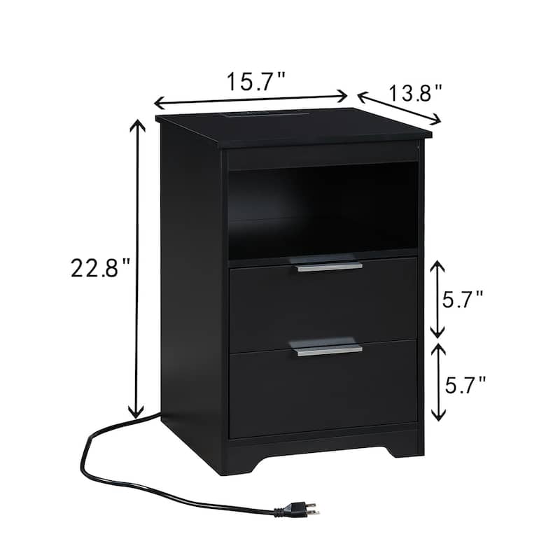 Nightstand with Charging Station,End Table with 2 Drawers,Wooden End Table with Drawer and Opening Shelf
