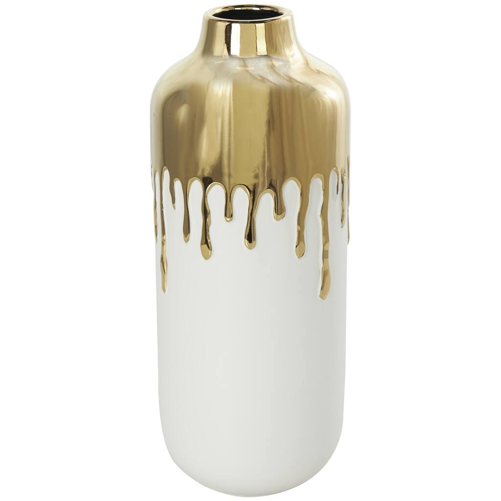 Ceramic Decorative Vase with Abstract Gold Melting Drips - White - CosmoLiving by Cosmopolitan