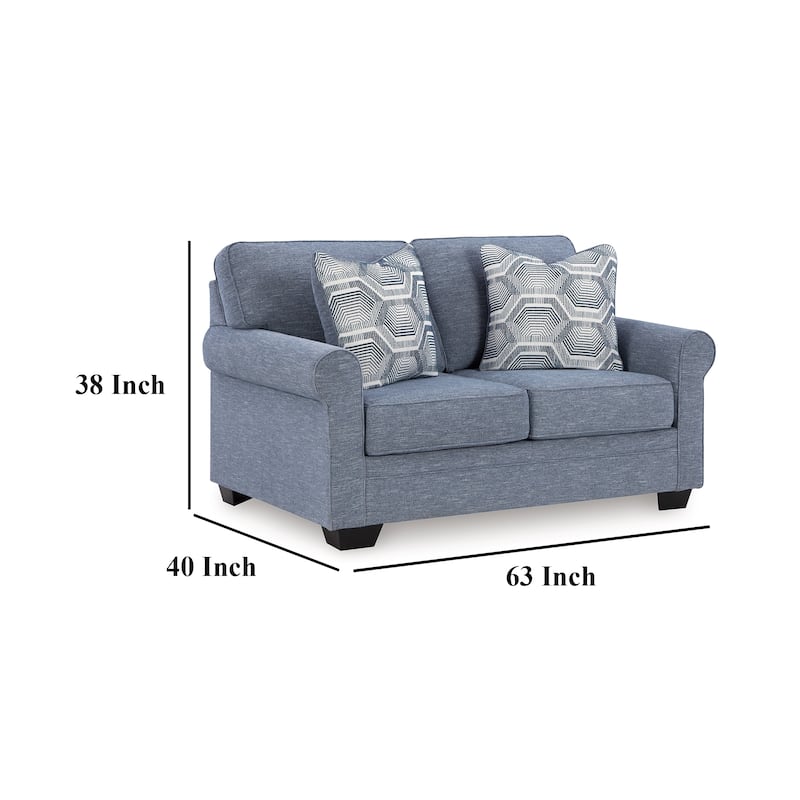 Sano Loveseat, Denim Blue Polyester, 2 Accent Throw Pillows, 63 Inch