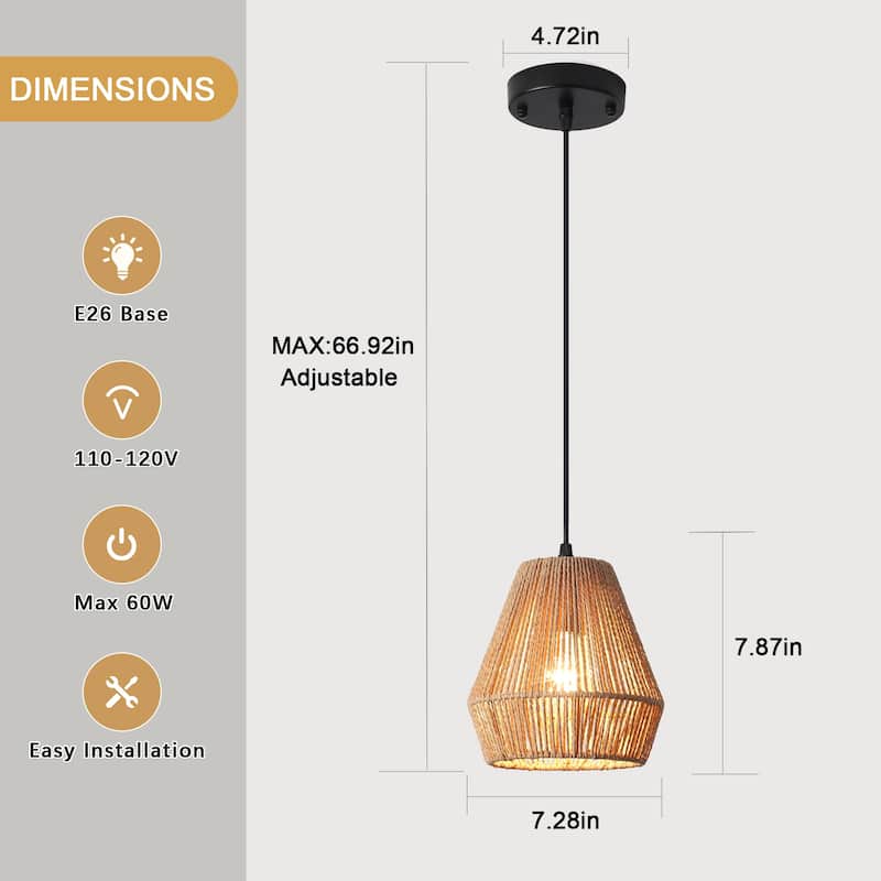 Boho Coastal 1-Light Hand-Woven Rattan Pendant Light for Kitchen Island Hallway (Set Of 2) - 7.28 in
