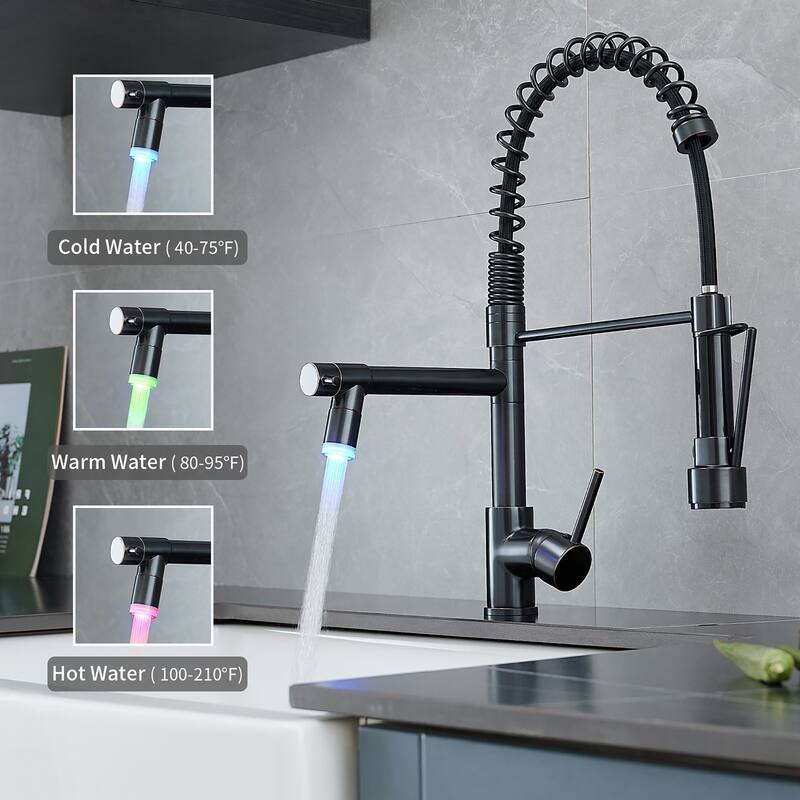 Single-Handle Double-Spout Oil Rubbed Bronze Pull Down LED Kitchen Faucet