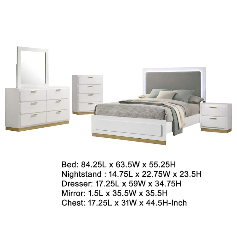 Caer 5pc Queen Bedroom Set in White, Gold Accents, Gray Upholstery