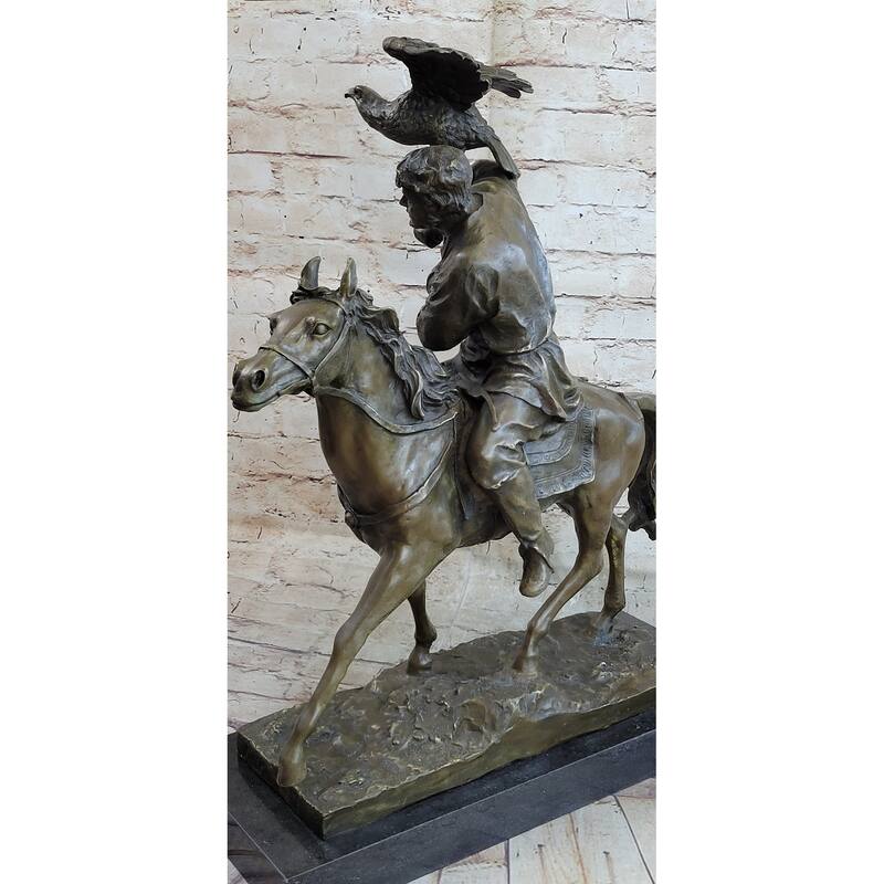 Horse Mounted Khazak Eagle Falcon Hunter Trained Bird Bronze Statue Sculpture Figure 21 Inches X 21 Inches