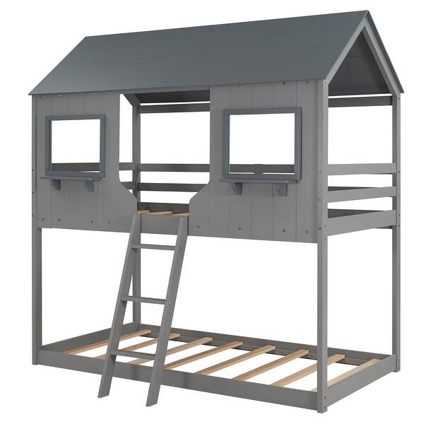 slide 2 of 13, Twin Over Twin Bunk Bed Wood Bed with Roof and Window Grey - Twin