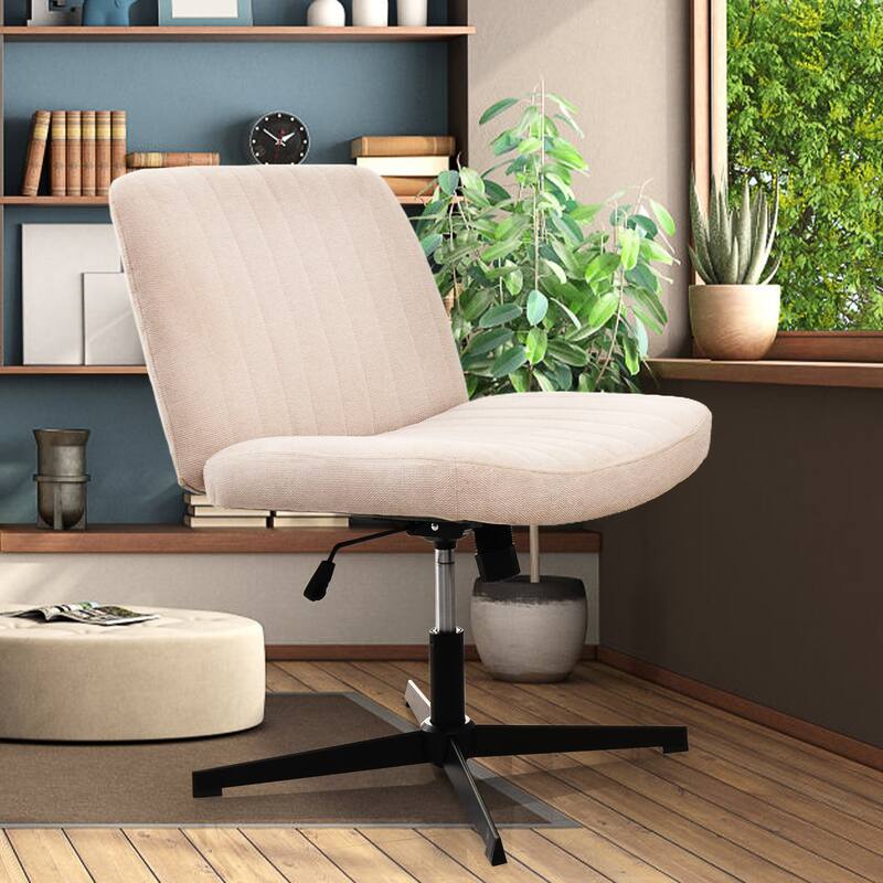 Criss Cross Office Desk Chair, Armless Fabric Vanity Home Chair, Height Adjustable Swivel Mid Back Wide Seat Task Chair - N/A - Beige