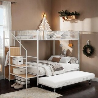 Twin Over Full Metal Bunk Bed with Trundle and Wardrobe