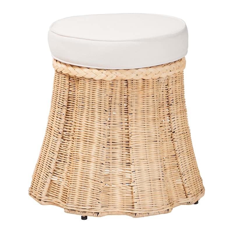 Ying Round Natural Rattan Ottoman with Cushion - Handwoven Wicker Pleated Skirt Accent Coffee Table or Extra Seating - Small