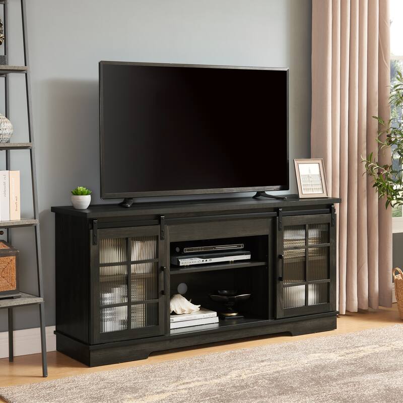 Multipurpose Sliding Door TV Stand Large Storage Cabinet with 2 Sliding Fluted Glass Tempered Doors, TV Up to 65''