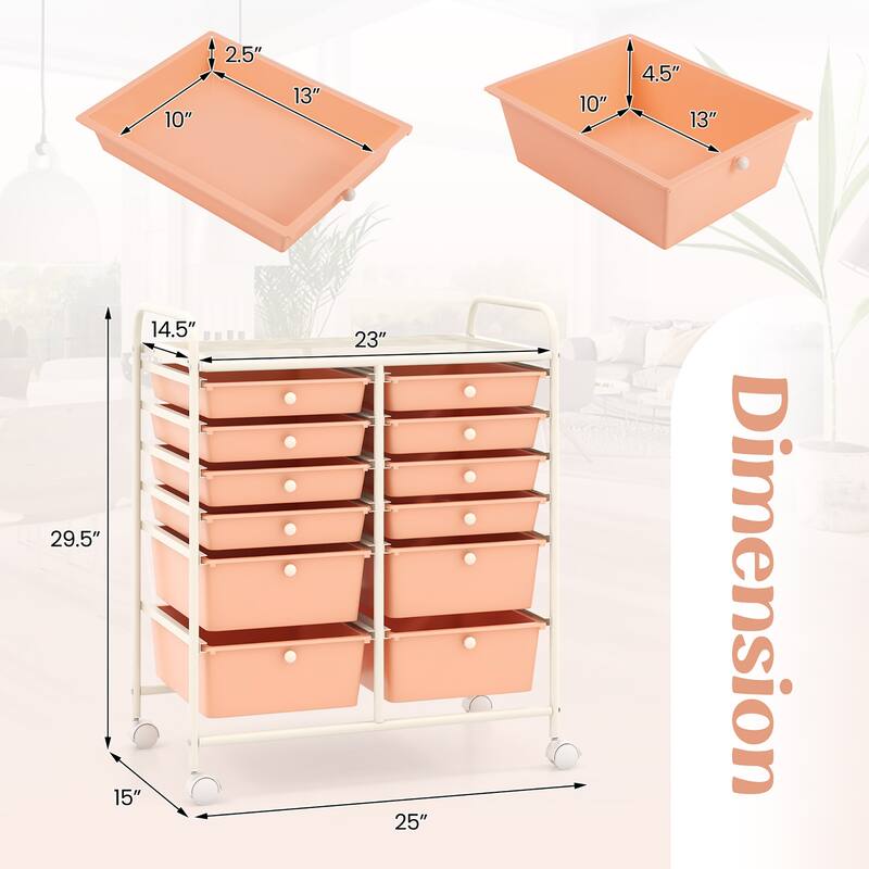 Gymax 12-Drawer Rolling Storage Cart w/ 2 Sizes Plastic Drawers Skin