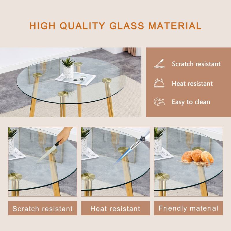 5 Piece Tempered Glass Dining Table Set for 4, Modern Round Table with 4 Upholstered Chairs for Kitchen, Office Conference Room