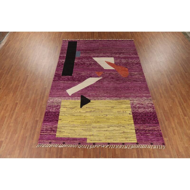 Purple Striped Moroccan Modern Area Rug Handmade Wool Carpet - 8'10" x 12'10"