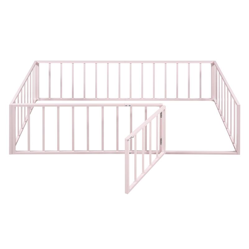 Metal Floor Bed Frame with Fence and Door for Kids' Bedroom