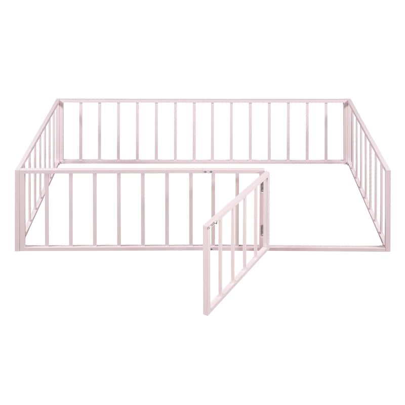 Twin Size Metal Floor Bed Frame with Fence and Door for Kids