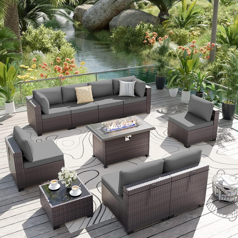 Delnavik 9-Pieces Wicker Patio Furniture Set with Firepit,Outdoor Seatings with Cushions - 9 pieces