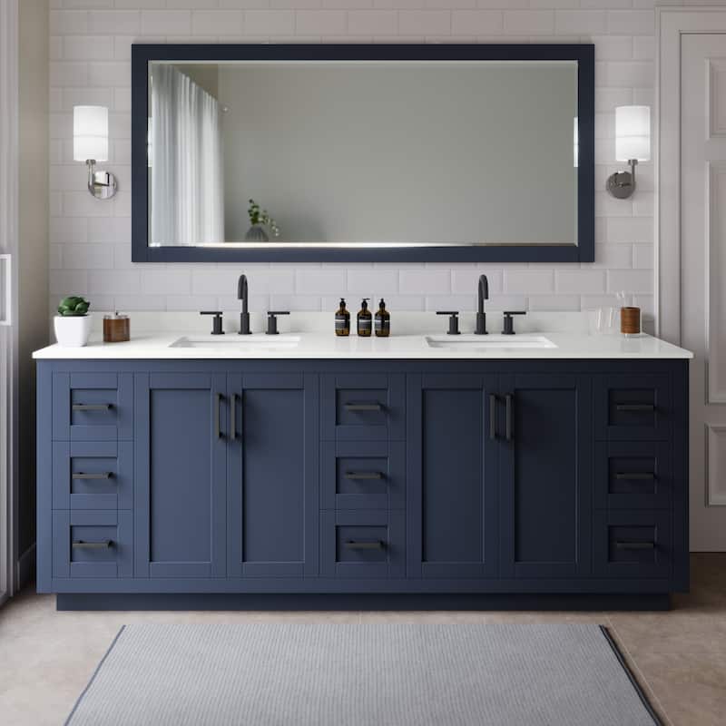 Wyndham Collection WCF292984D-QTZ-US3M70 Miranda 84" Free Standing - Dark Blue / White Quartz Top / Matte Black