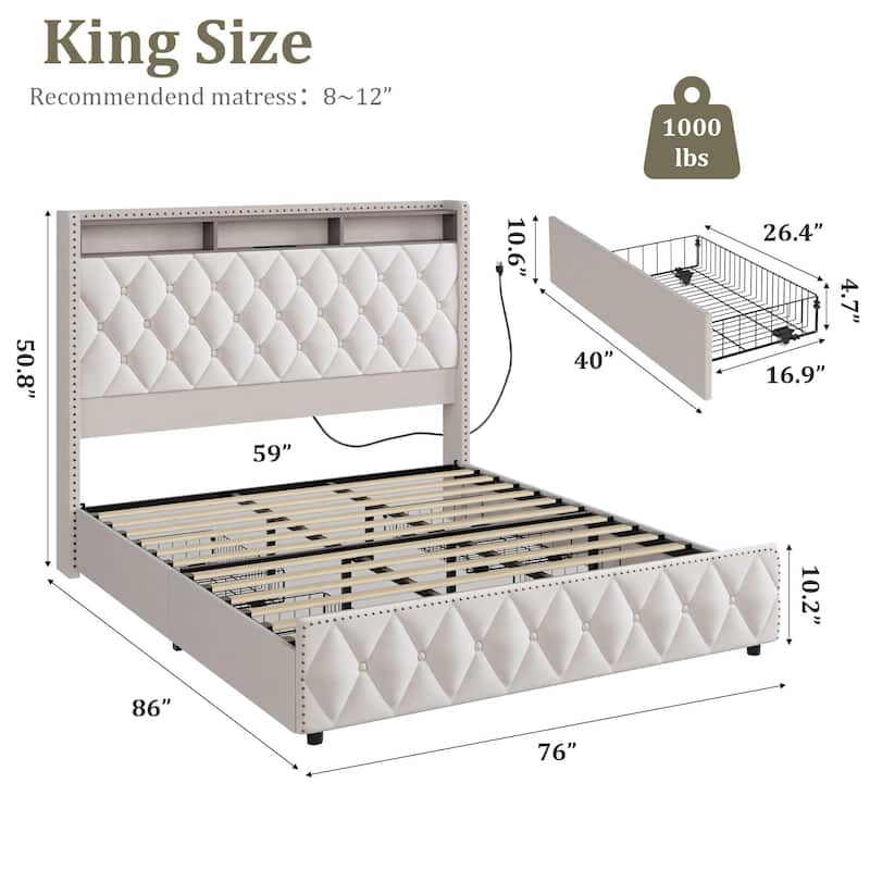 Velvet Upholstered Bed Frame with 50.8" Tall Headboard, USB Charging Station, Led Lights
