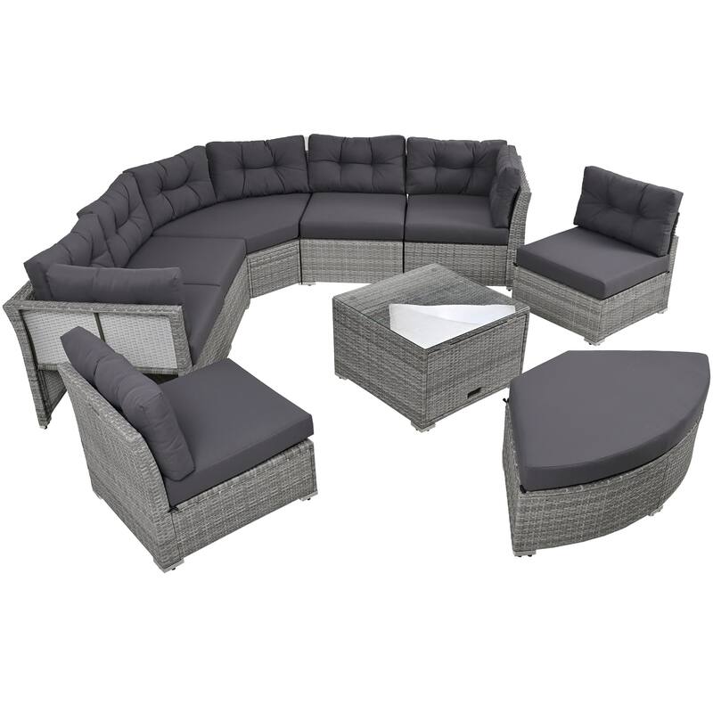 Outdoor Wicker Curved Daybed Sectional Sofa Set with Storage Table