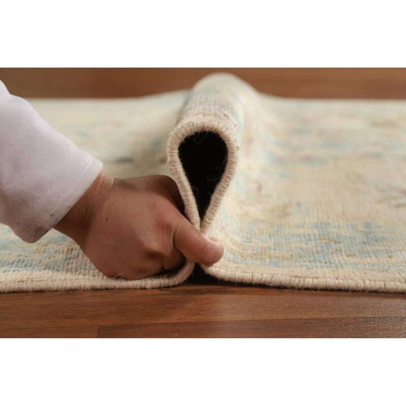 Hand Knotted Oriental 100% Wool Carpet Traditional Floral Beige & Ivories Art Deco Runner Rug - 14' 1'' X 4' 10''