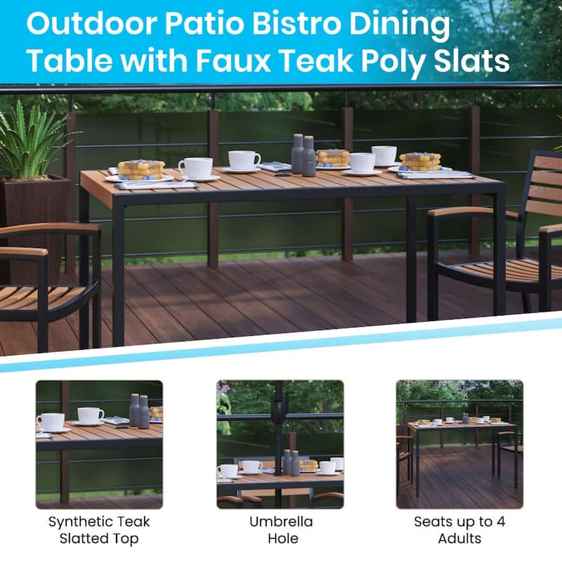 Faux Teak Patio Table, 4 Chairs & 9FT Patio Umbrella with Base