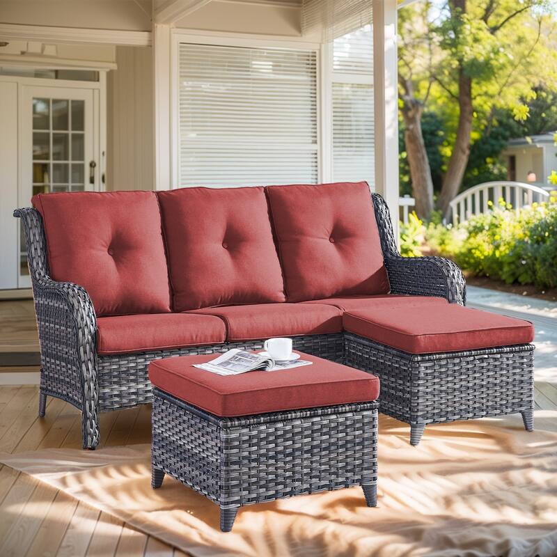 Outdoor 3-Piece Sofa with Ottomans Grey-Red - Grey - Grey - Red