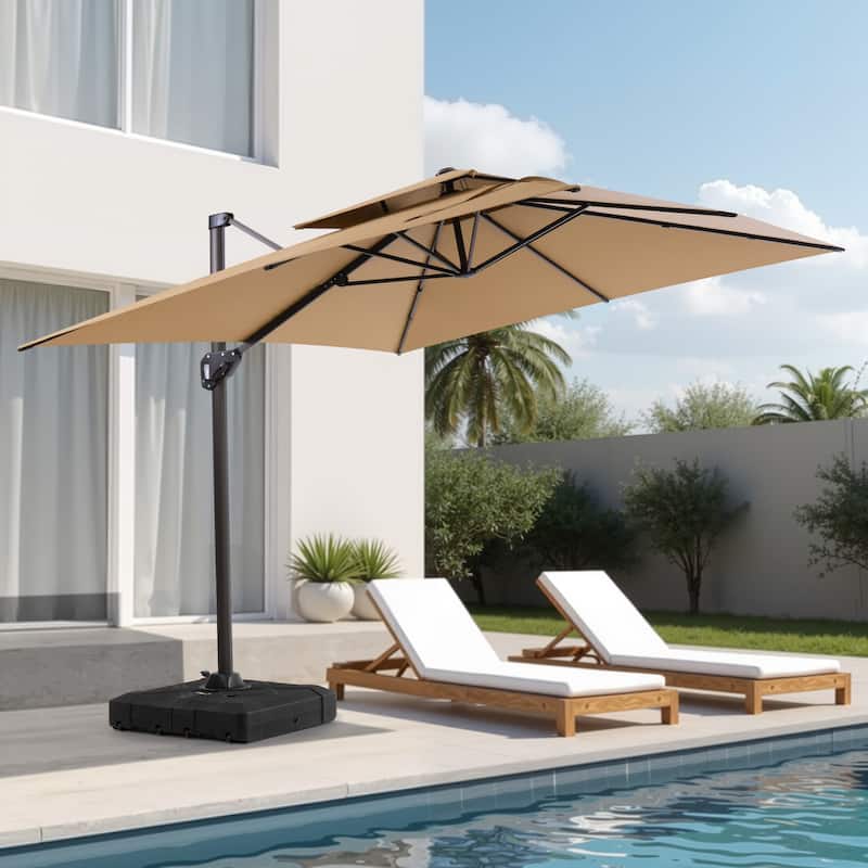 11 × 9 ft Outdoor Patio Offset Cantilever Dual Top Umbrella with Weighted Base - Tan