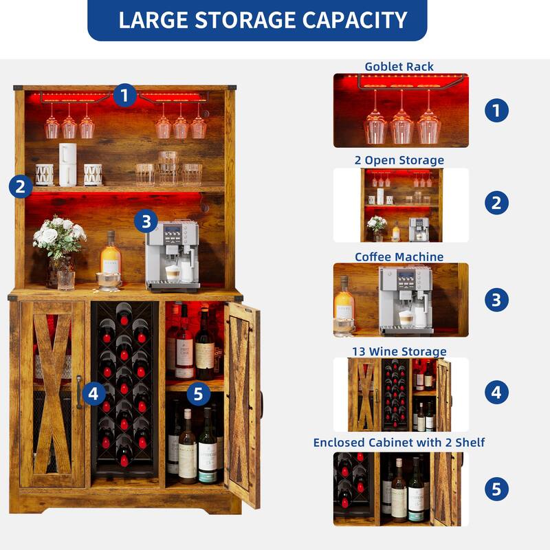 Moasis Bar Cabinet with Wine Rack LED Lights, Sideboard Buffet Storage Cabinet