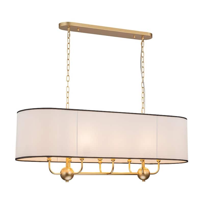 8-Light Mid-century Linear Dining Room Chandelier With Fabric Shade - Brass - 42.5in