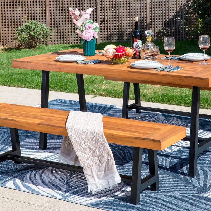 MAISON ARTS 1 PCS Acacia Wood Bench/3PCS Patio Dining Set with 1 Rectangular Table and 2 Benches