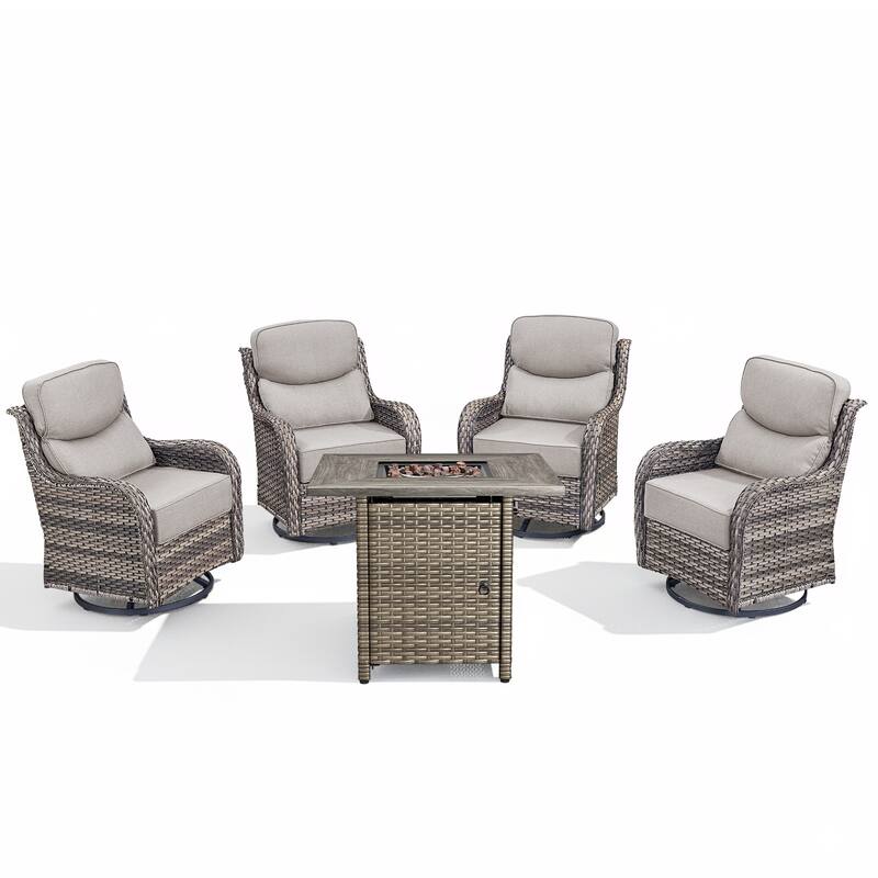 Arcadia 5-Piece Patio Conversation Set with 4 Swivel Glider Chairs and Wicker Square Fire Pit