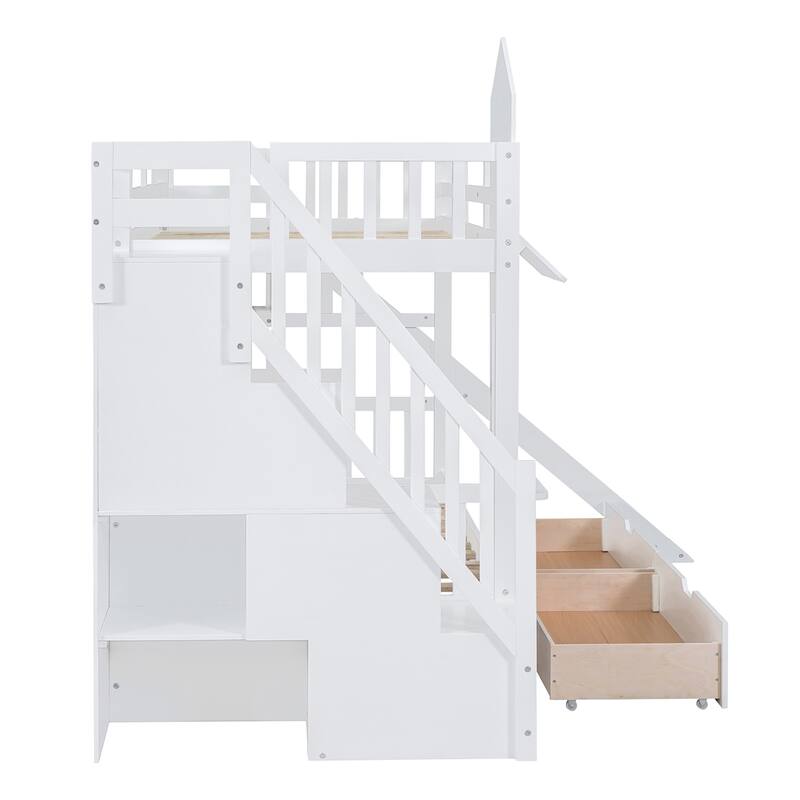 Merax Castle Style Bunk Bed with 2 Drawers 3 Shelves and Slide