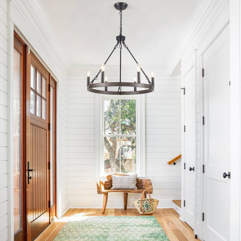 22.04 in. 6-Light Black Rustic Farmhouse Chandelier, Wagon Wheel Chandelier for Dining Room Living Room Bedroom Kitchen