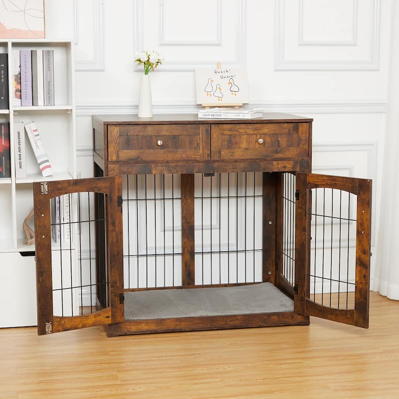 Dog Crate Furniture with Cushion & 2 Drawers