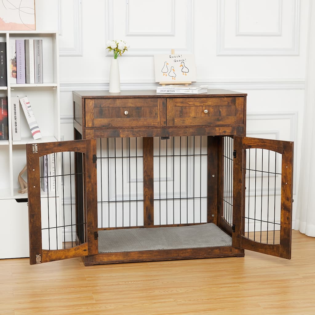 Dog Crate Furniture with Cushion & 2 Drawers