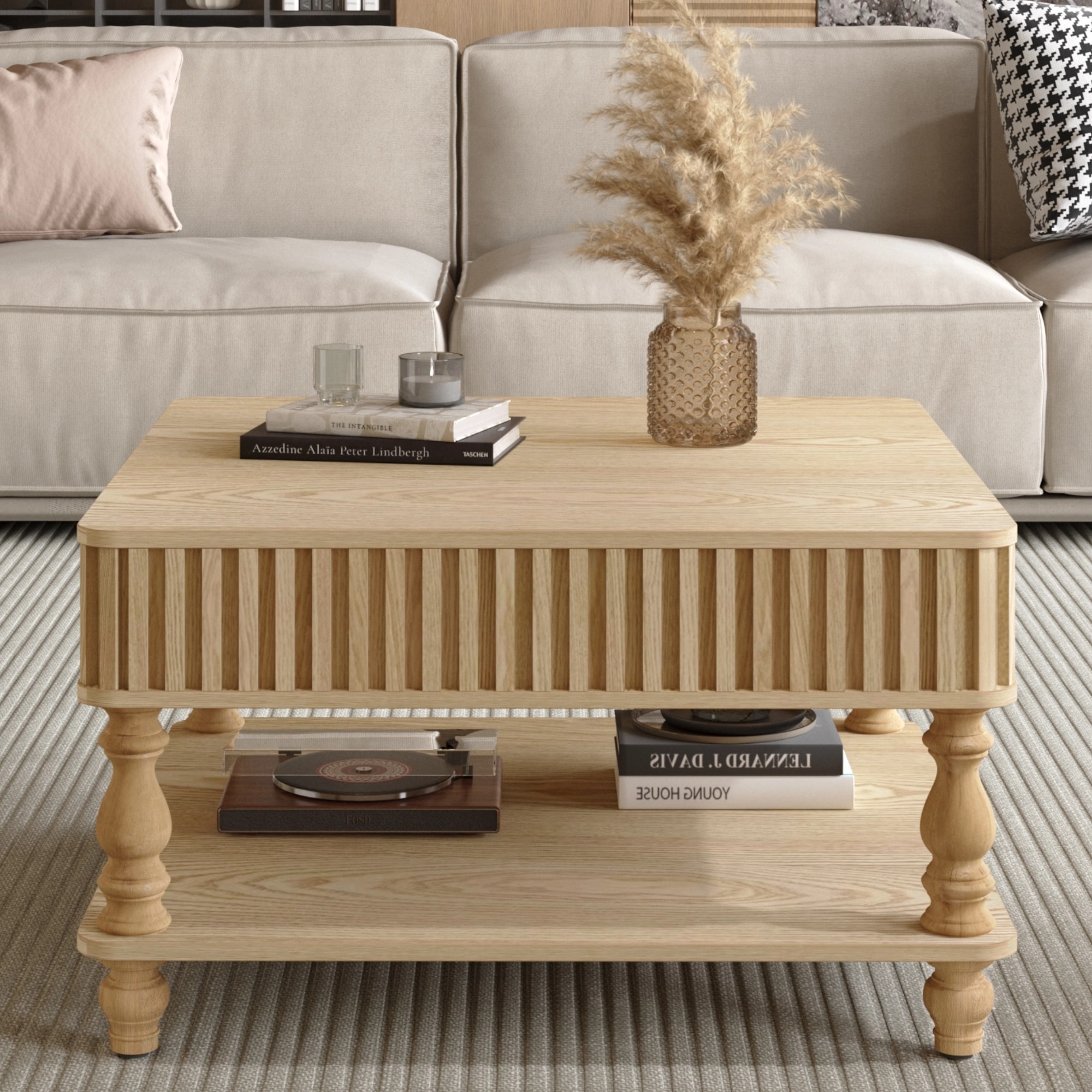 Square Fluted Lift-Top Coffee Table with Hidden & Open Storage, End Table Sofa Side Table Center Table