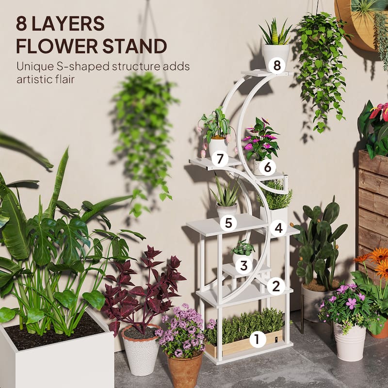 Eight-Tier Corner Plant Stand with S-Shaped Steel Frame and Fir Wood Shelves for Home Decor - 24.4" W x 10.2" D x 61.8" H