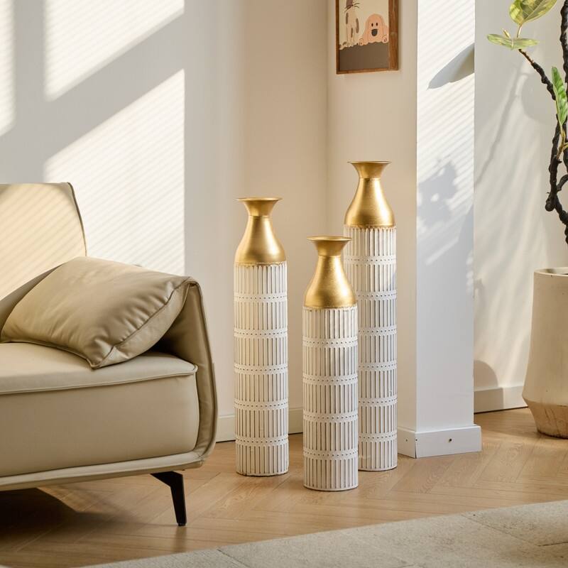 Set of 3 Tall White & Gold Metal Cylinder Vases - Glam Geometric Floor Vases for Modern Home Decor (24", 28.7", 33.4" Heights)