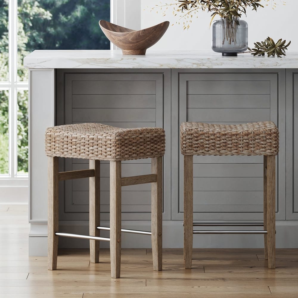 Harvey Rattan Bar Stool, Bohemian Counter Height Stool with Woven Seagrass Seat, Solid Wood Legs, and Metal Footrest
