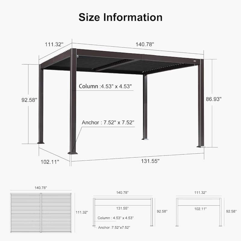 PURPLE LEAF Louvered Pergola Sun Shade Shelter with Adjustable Metal Roof for Patio Hardtop Pergola