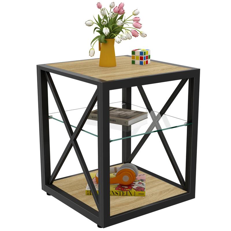 1 Piece Modern End Table Nightstand, Tempered Glass&Natural Wood Mdf Top,Industrial Style Side Table