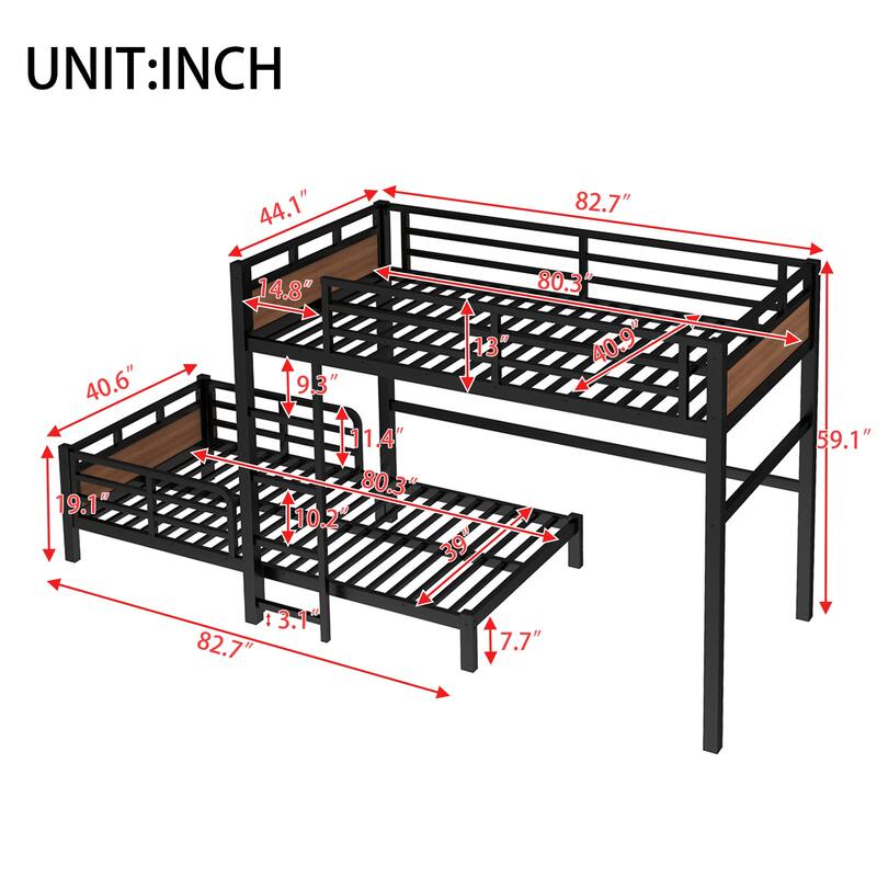 Twin XL Metal Bunk Bed with Security Fence, Convertible and Space-Saving Design, Walnut Finish