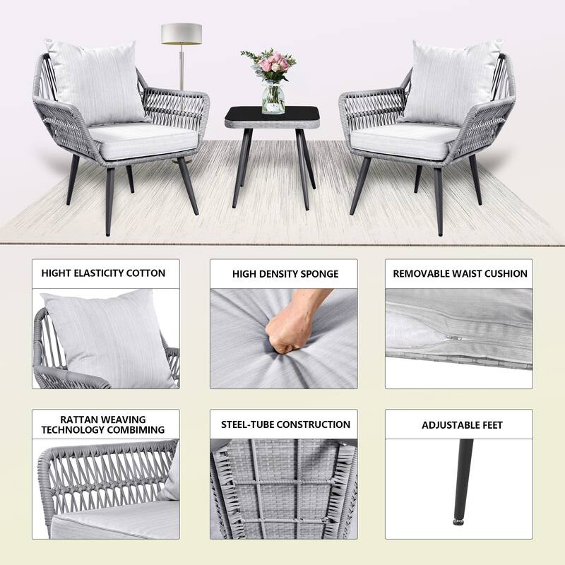 3 Piece Patio Bistro Set, Outdoor Patio Chairs with Glass Top Table