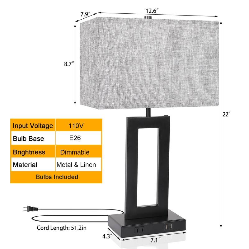 22" Gray USB Table Lamp Set With Touch Control