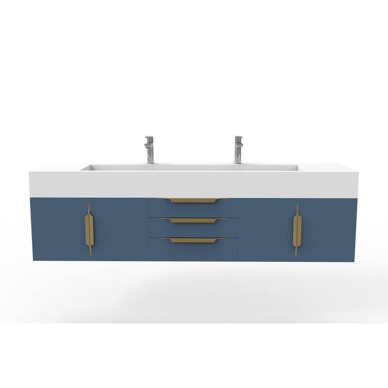 Nile 72" Wall Mounted Bathroom Vanity Set w/ White Top - Blue - Gold Finish
