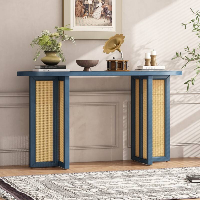 Rattan Console Table Entryway Table, Narrow Console Table with Storage, Hallway Table for Living Room, Entrance - Blue