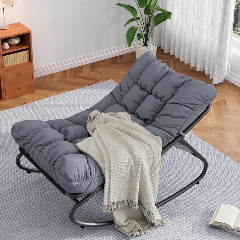 Outdoor Patio Papasan Rocking Chair with Cushion for Porch, Garden, Living Room